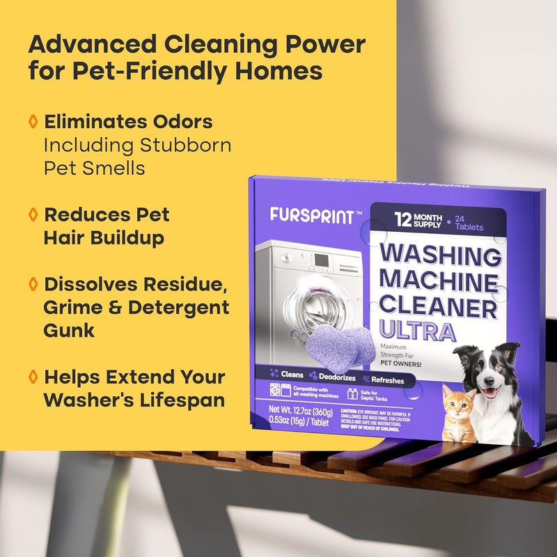 Fursprint Washing Machine Cleaner Tablets Ultra – 40% Stronger Formula: Designed for Pet Owners, Removes Residue, Grime & Odors, Compatible with HE, Top & Front Load, 24 Pack – 12 Month Supply - Image 4